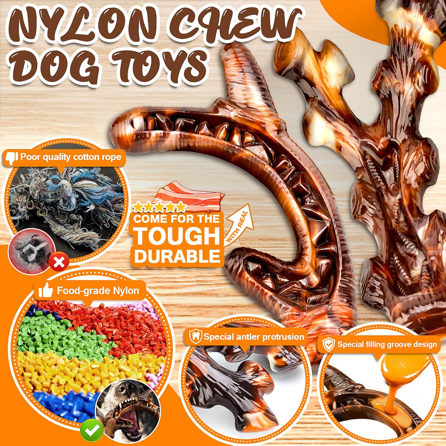 OSORD Dog Chew Toys for Aggressive Chewers 4 Pack, Indestructible Dog Toys, Bacon Flavor, Tough Nylon Bones to Keep Them Busy, Medium & Large Breed, Gifts for Dogs