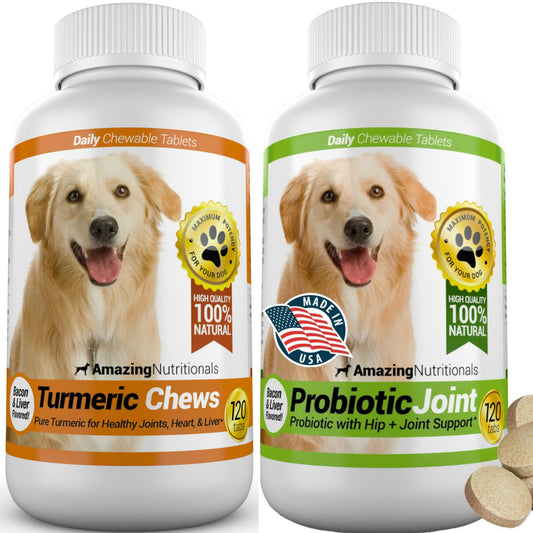 Joint Support Turmeric Probiotics for Dogs Digestive Health Bundle - Eliminates Joint Pain Inflammation, Incontinence, Gas and Diarrhea