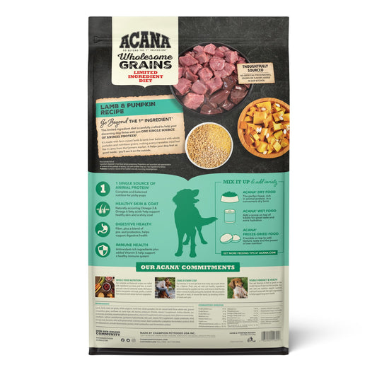 ACANA Wholesome Grains Dry Dog Food Limited Ingredient Lamb & Pumpkin Recipe 22.5lb Bag