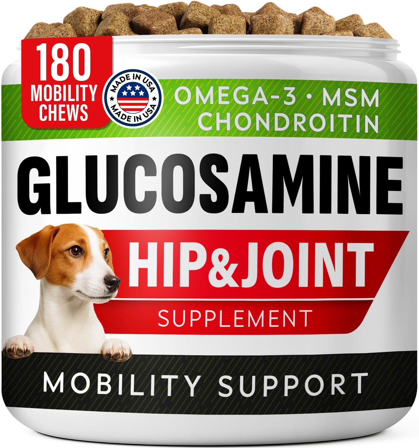 Glucosamine Treats for Dogs - Joint Supplement w/Omega-3 Fish Oil - Chondroitin, MSM - Advanced Mobility Chews - Joint Pain Relief - Hip & Joint Care - Bacon Flavor - 180 Ct - Made in USA