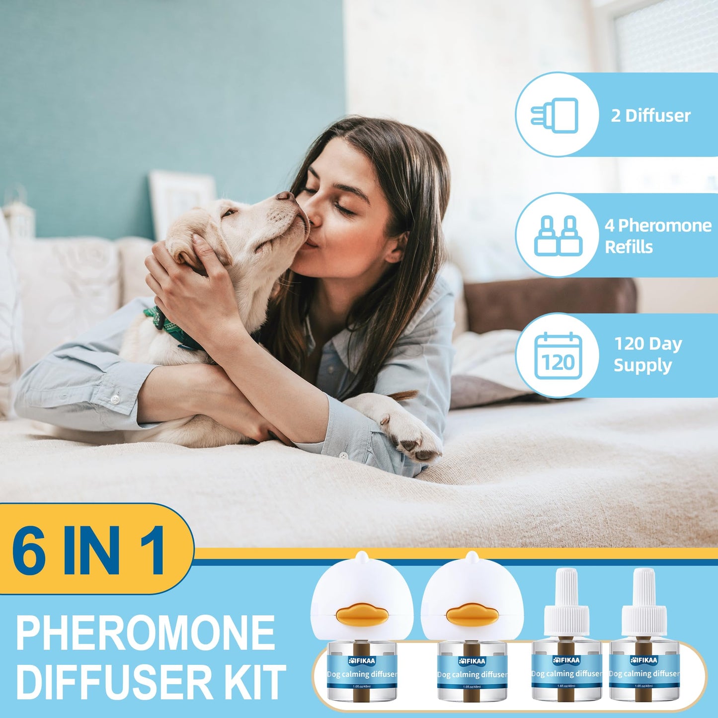 Dog Calming Diffuser 6-in-1 Kit Dog Appeasing Pheromone Relief Separation Anxiety, Equipped with 2 Plug in + 4 Refills 48ml Vial, Reduce Aggression Barking, Supply for 120 Days-Tasteless