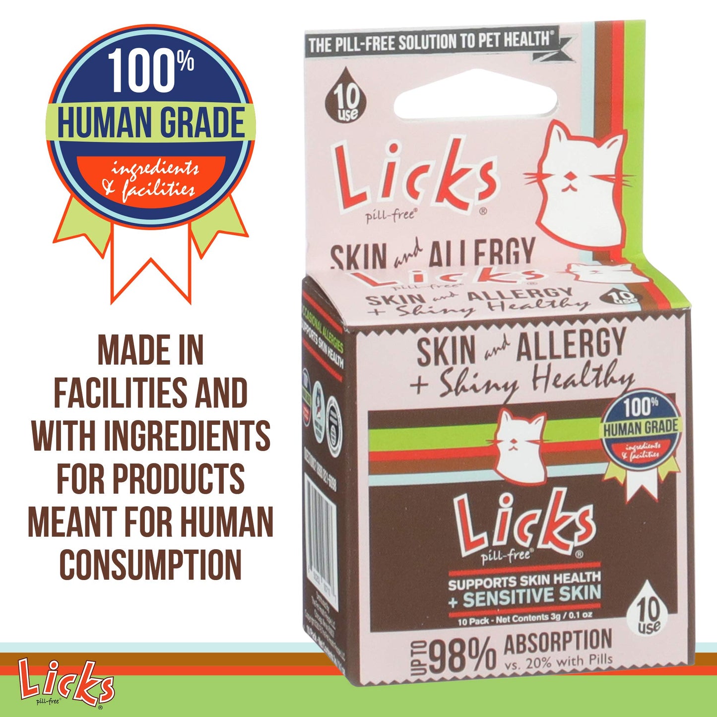 Licks Pill-Free Cat Skin & Allergy - Omega 3 Allergy Relief - Cat Vitamins & Supplements for Itchy Skin - Turmeric Supplement - Gel Packets - 10 Use