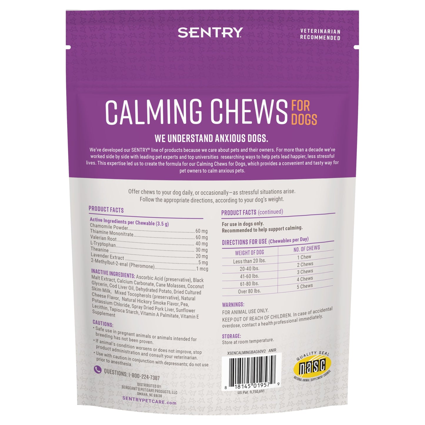 Sentry Calming Chews for Dogs, Calming Aid Helps to Manage Stress & Anxiety, with Pheromones That May Help Curb Destructive Behavior & Separation Anxiety, Health Supplement for Dogs, 60 Count