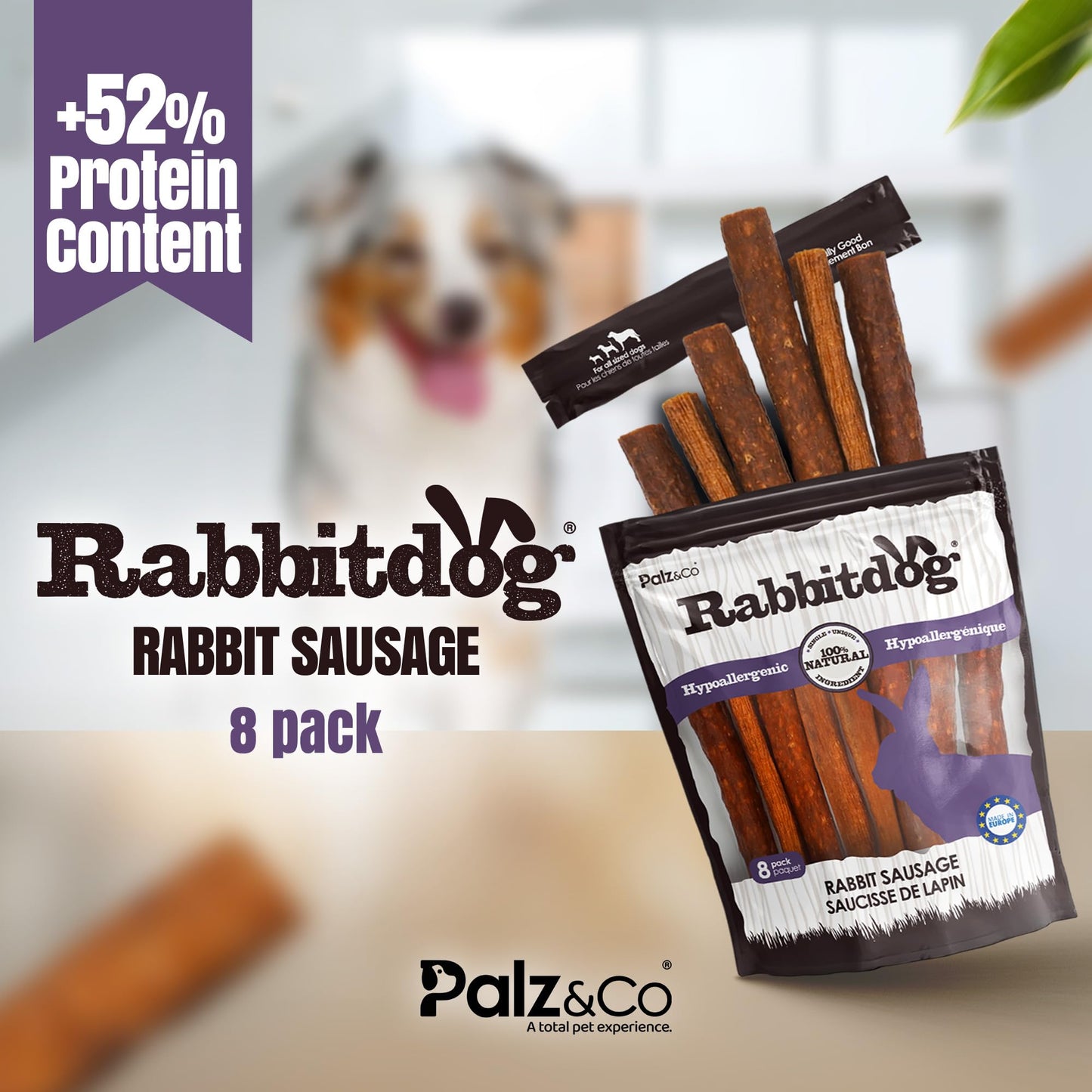 Rabbitdog Rabbit Sausage Dog Treats - 8 Pack of 100% Natural Single Ingredient Chews, Grain Free, High Protein, Soft & Chewy Texture
