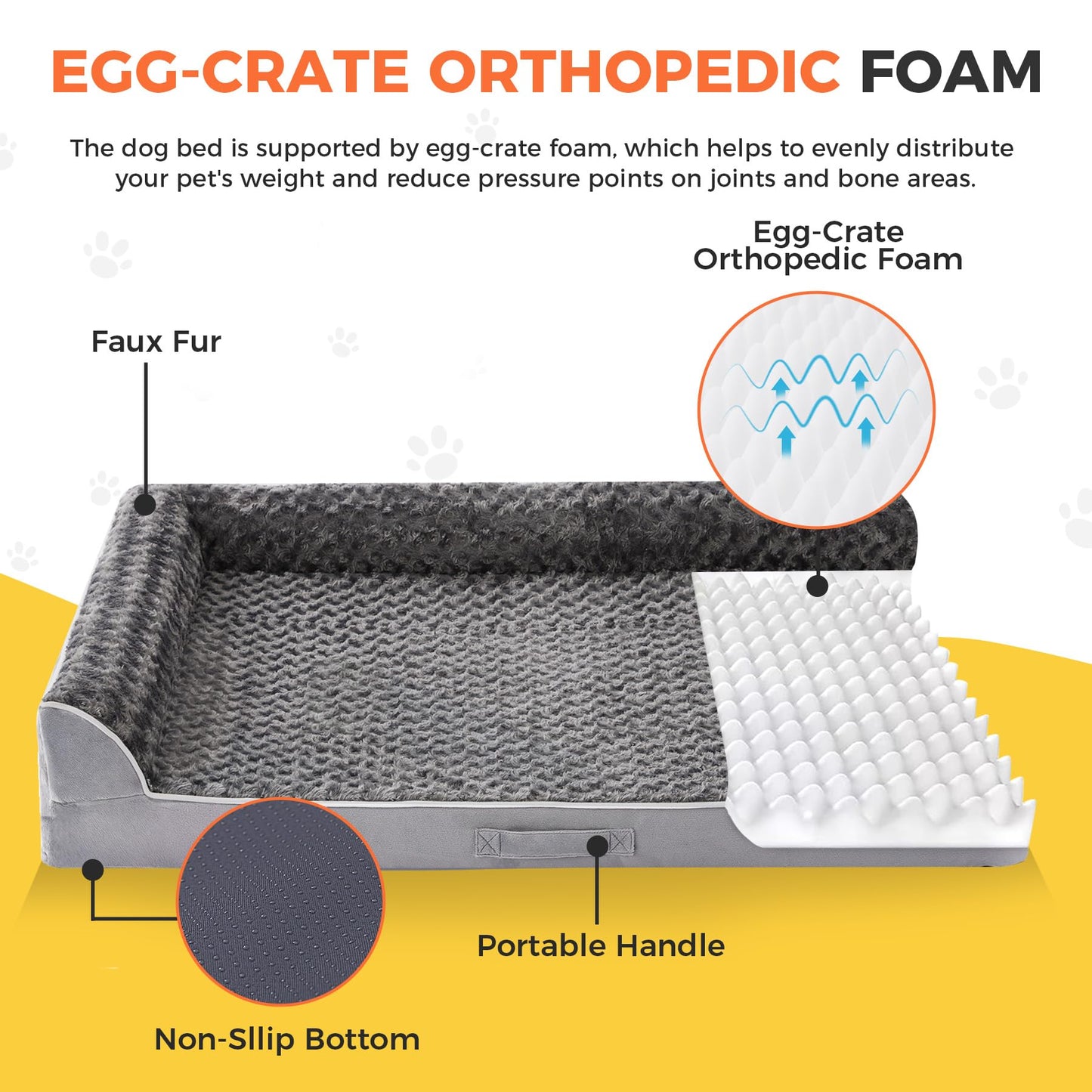 Aeroluxe Dog Bed Large Sized Dogs, XL Orthopedic Dog Bed for Large Dogs, Waterproof Pet Bed with Washable Removable Cover, L-Shaped Pet Couch with Portable Handle 42"x30"x7.5", Grey