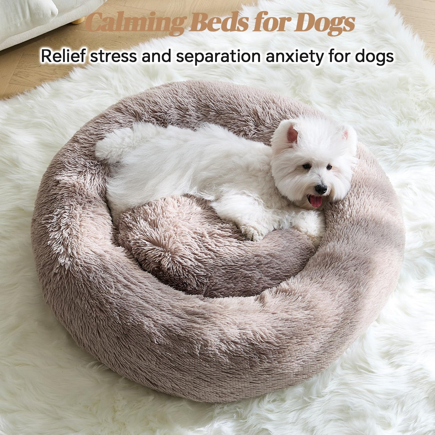 Calming Small Dog Bed, Donut Fluffy Anti-Anxiety Round Washable Cute Bed, Plush Cozy Cuddler Warming Soft Comfort Pet Bed for Small Medium Dogs Cats, 20inch,Brown