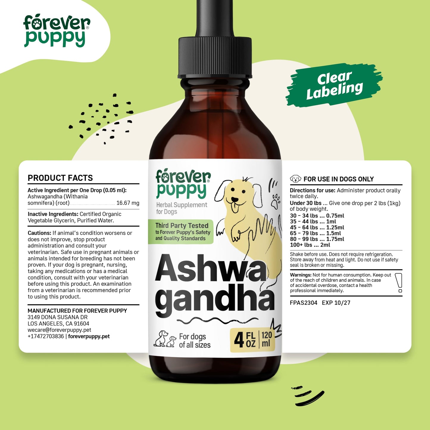 Forever Puppy Ashwagandha Drops for Dogs - Calming Care with Ashwagandha Root Tincture - Liquid Alternative to Calming Chews for Dogs' Composure & Relaxation - Canine Vitamins and Supplements - 4 oz