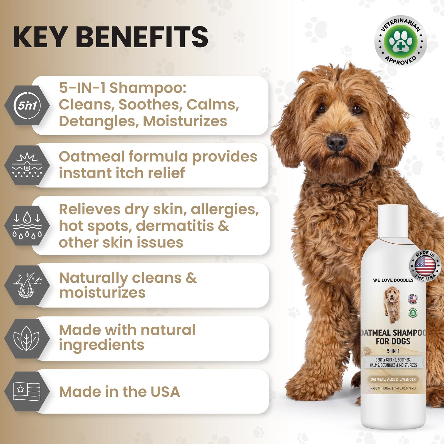 We Love Doodles 5-in-1 Premium Oatmeal Shampoo & Dog Grooming Bath Brush Bundle - Gentle for Itchy & Sensitive Skin, Provides Itch Relief, Hypoallergenic & Soothing for Dry Skin, Pet Rubber Brush