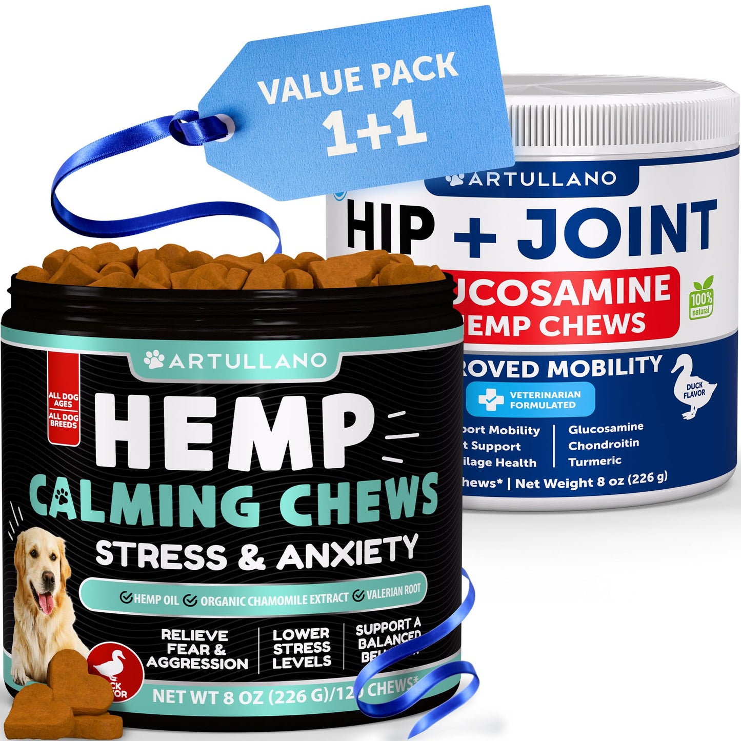 Hemp Calming Chews + Hip and Joint Supplement for Dogs Bundle - Dog Calming Chews - Dog Anxiety Relief Treats - Dog Joint Pain Relief Treats - Hip and Joint Support - Glucosamine for Dogs - MSM
