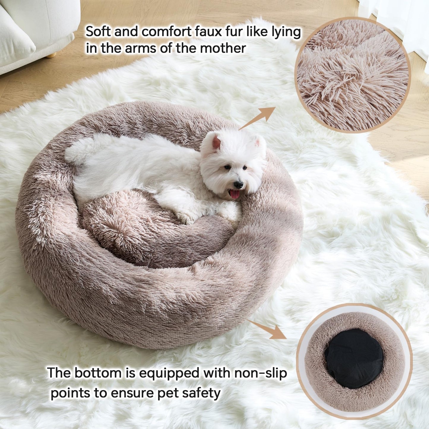 Calming Small Dog Bed, Donut Fluffy Anti-Anxiety Round Washable Cute Bed, Plush Cozy Cuddler Warming Soft Comfort Pet Bed for Small Medium Dogs Cats, 20inch,Brown