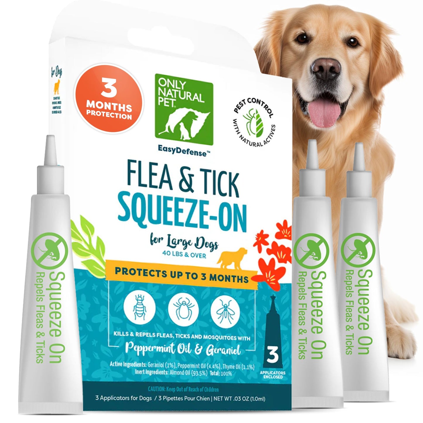 Only Natural Pet Flea and Tick Control for Large Breed Dogs (Over 40 lbs) - EasyDefense Flea & Tick Herbal Squeeze-On Drops - 3 Month Supply (L Sqz.)