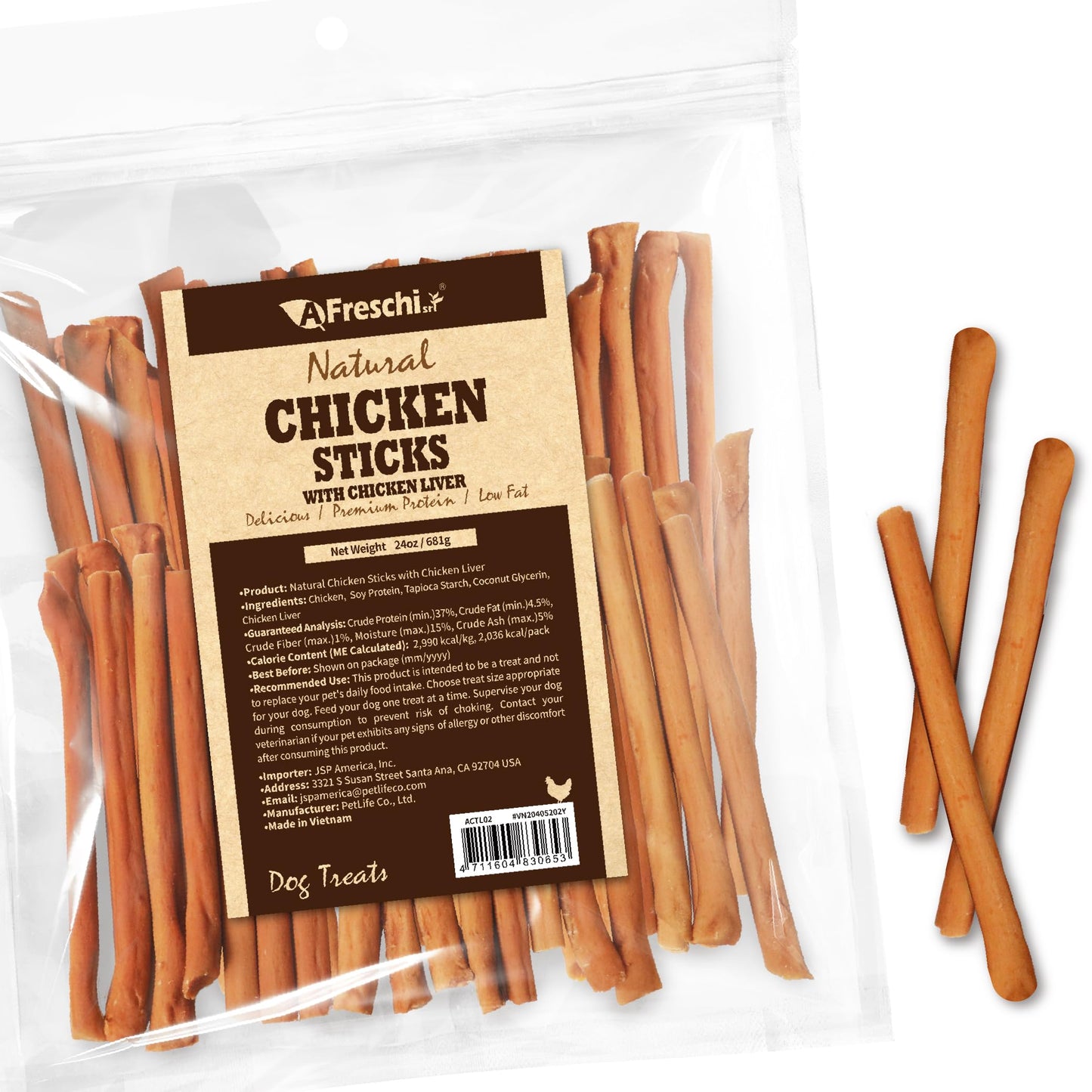 AFreschi Natural Chicken Sticks with Chicken Liver 24 oz, All Natural, Grain-Free, High-Protein, Healthy & Easily Digestible, Soft Texture