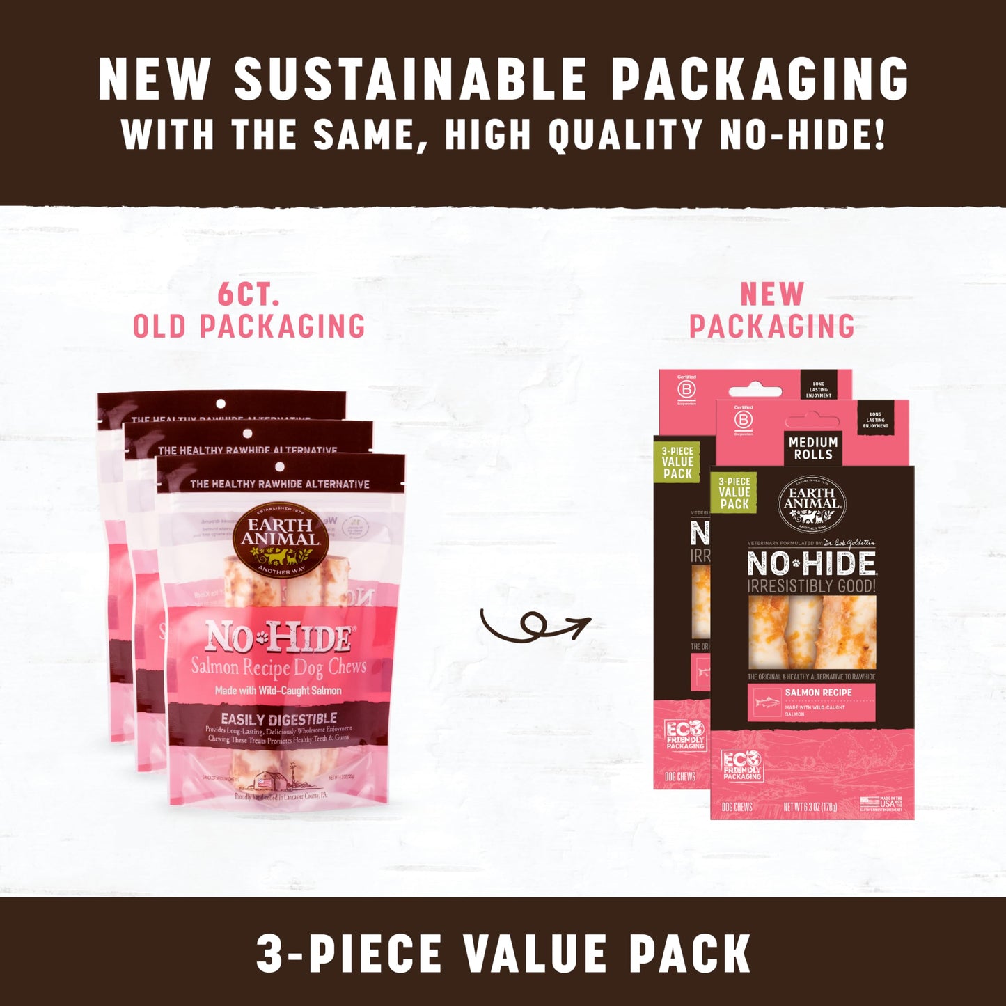 Earth Animal No Hide Medium Salmon Flavored Natural Rawhide Free Dog Chews Long Lasting Chew Sticks | Treats for Large Dogs | Great for Aggressive Chewers - 6 Count