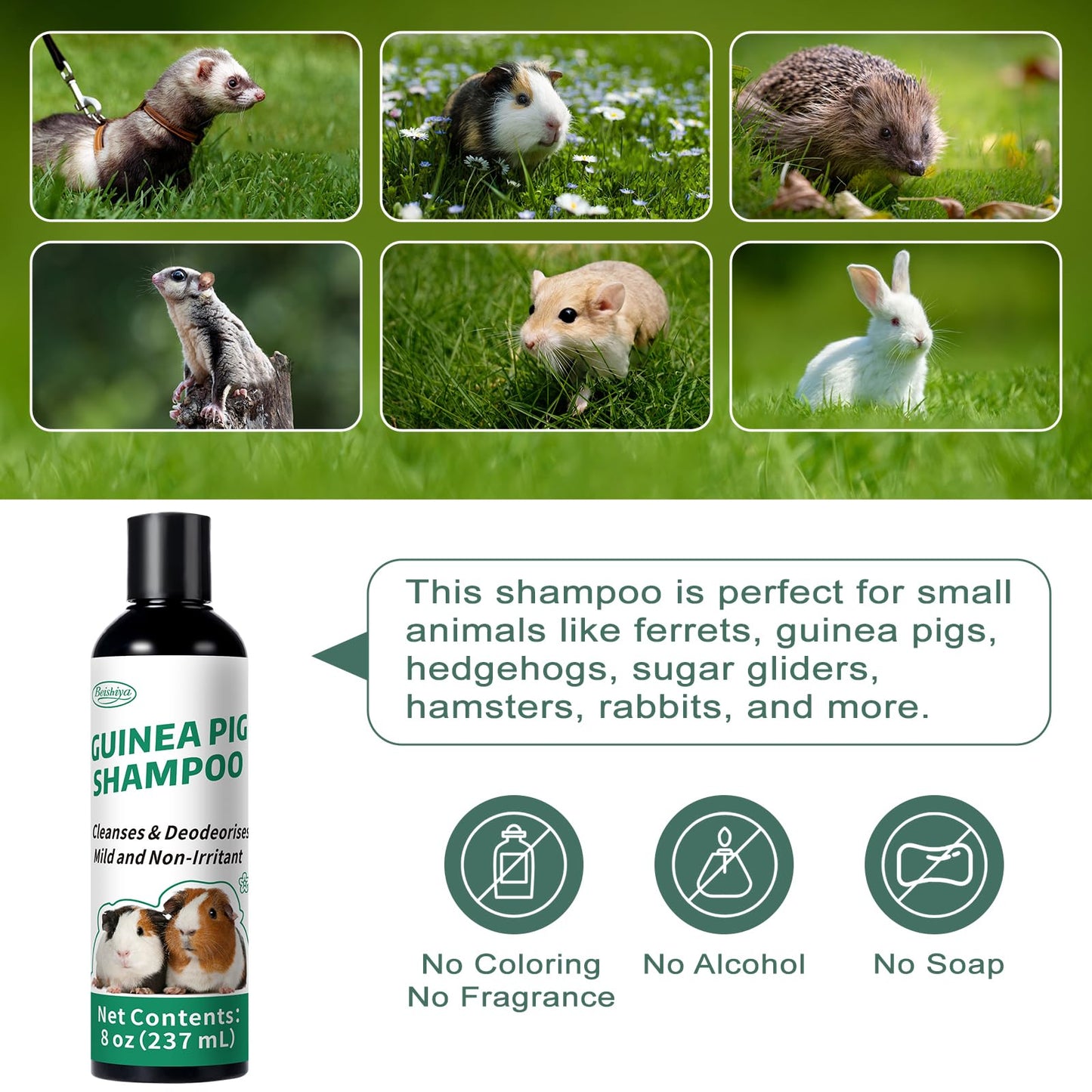 Guinea Pig Shampoo 8 oz - Naturally Effective Shine Skin & Coat Formula - NO Fragrance, Hypoallergenic, Relieves Dry, Itchy Skin, Eliminates Odors