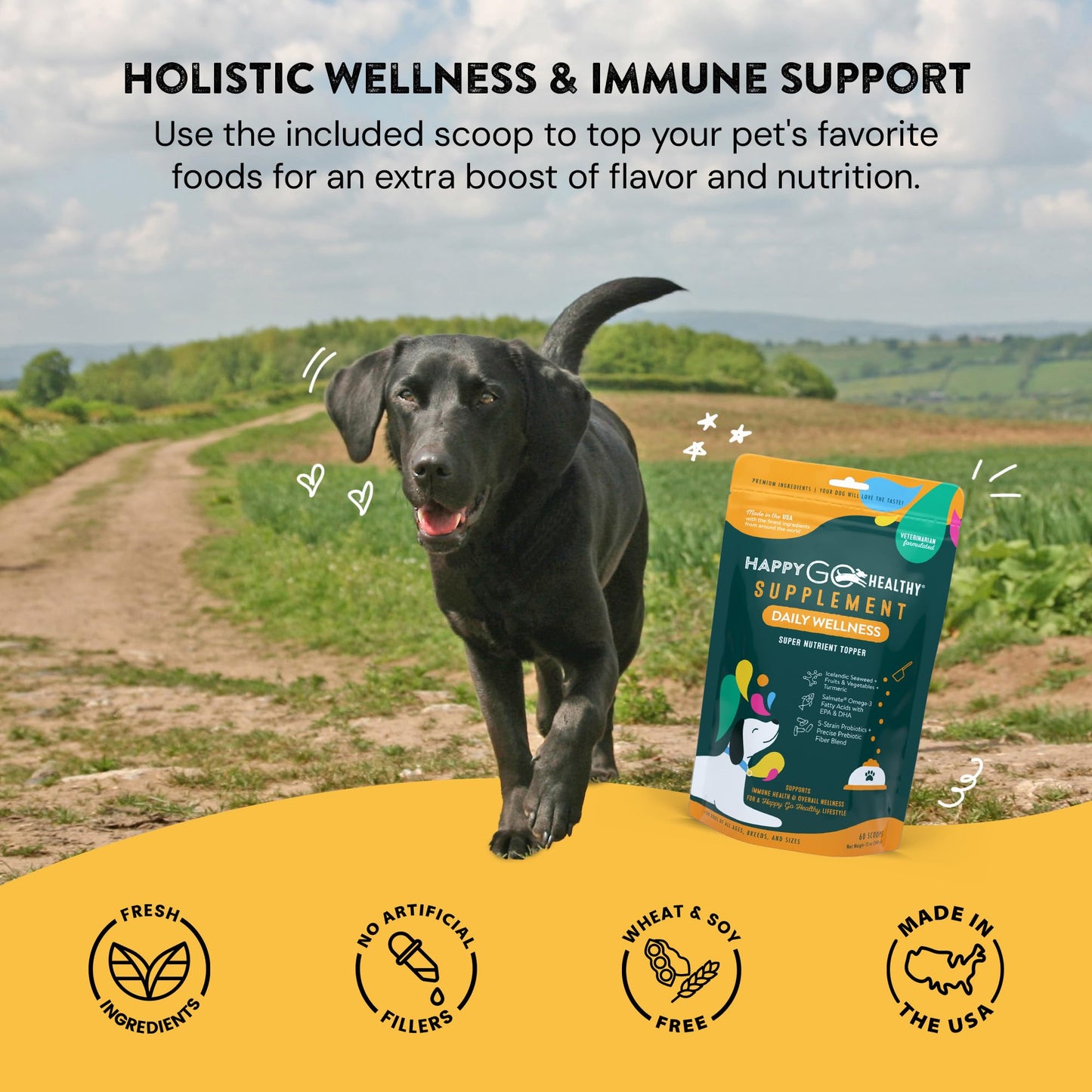 Happy Go Healthy Daily Wellness Supplements for Dogs | Probiotic & Prebiotic Benefits with Fish Oil & Seaweed to Keep Your Dog Beaming All Day Long | All Breeds and Sizes | 60 Count