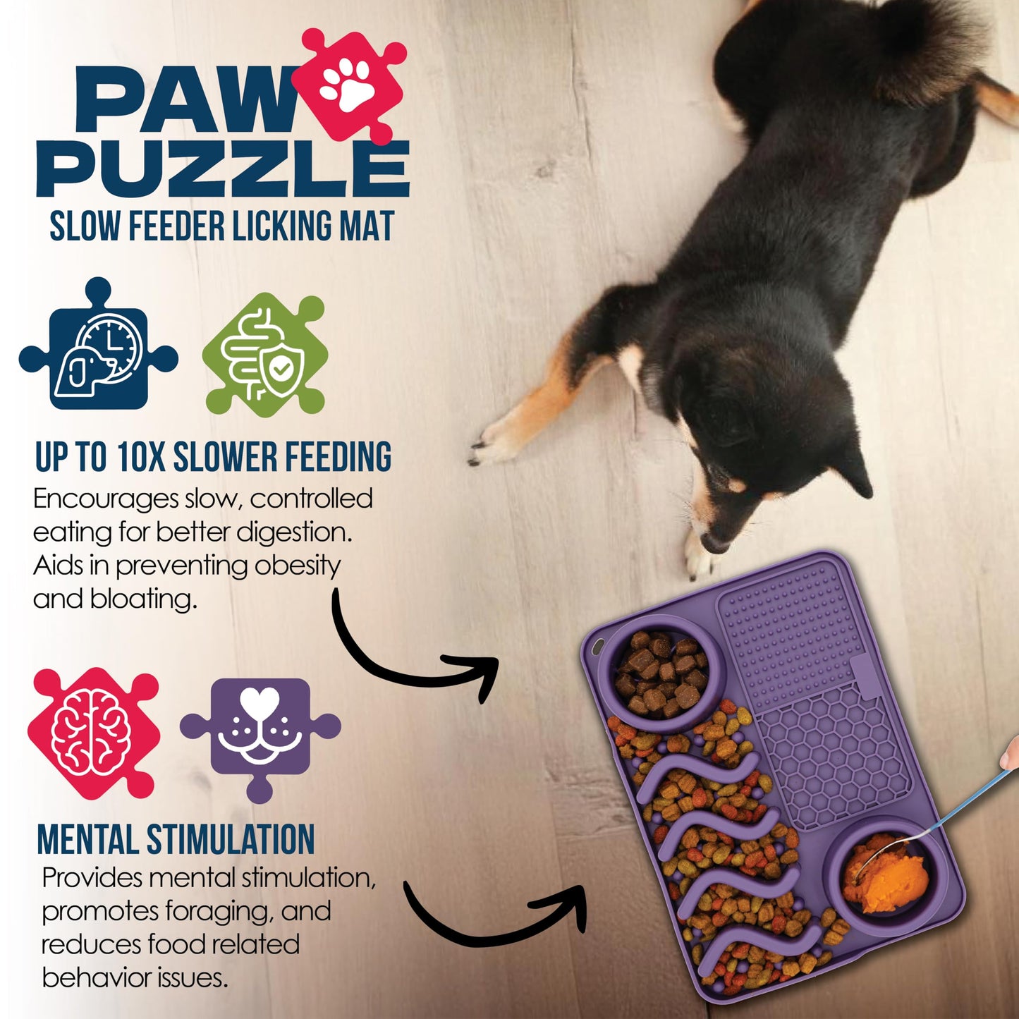 Palz&Co Paw Puzzle 2-in-1 Slow Feeder & Lick Mat for Dogs and Cats, Dry and Wet Food, Dishwasher Safe Silicone, Medium 12"x8", Purple