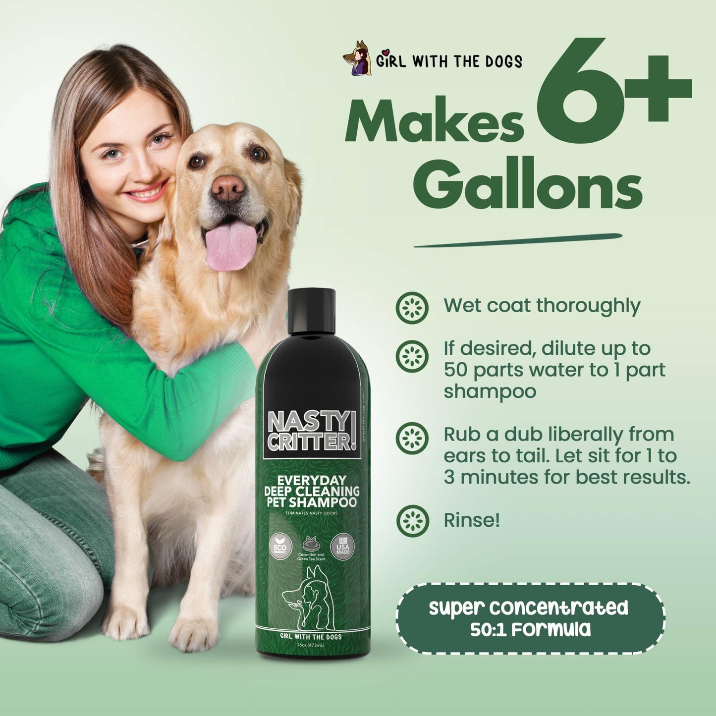 Nasty Critter! by Girl With The Dogs - Made in USA - Deep Clean Everyday Dog Shampoo for 8 Weeks+ (16 Oz)