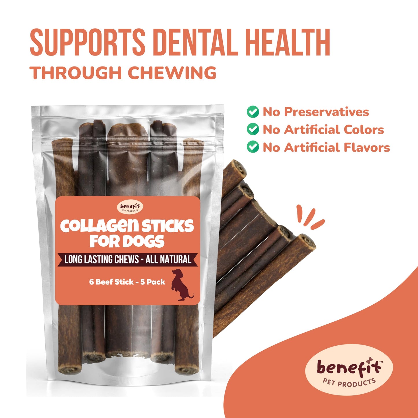 Benefit Pet Products Collagen for Dogs - Single Ingredient Dog Treat, Rawhide Free, Collagen for Dogs, Long Lasting Dog Chews (6 inch, 5 ct)