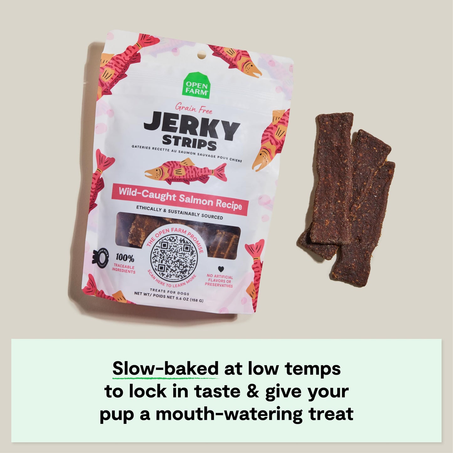 Open Farm, Dog Jerky Treats, Soft & Chewy Oven-Baked Jerky Strips Made with Ethically & Sustainably Sourced Ingredients, Protein Packed Dog Treats, Grain-Free Wild-Caugh Salmon Recipe, 5.6oz Pouch