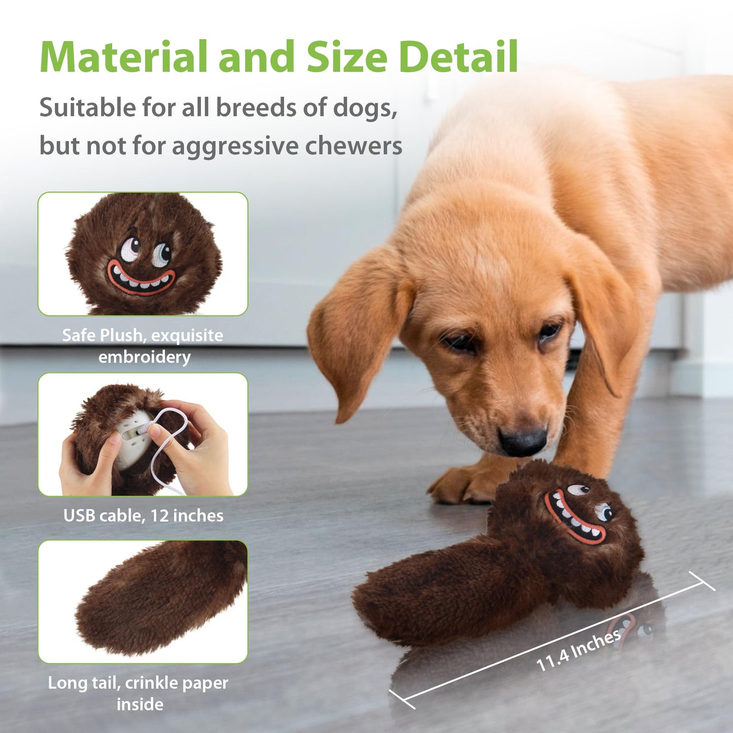PETGEEK Interactive Squeaky Dog Toy, Automatic Moving Vibrating Dog Balls with Plush Cover, Rechargeable Perro Juguetes with Recording and Music Mode, Crinkle Pet Plush Toy for Boredom, Brown