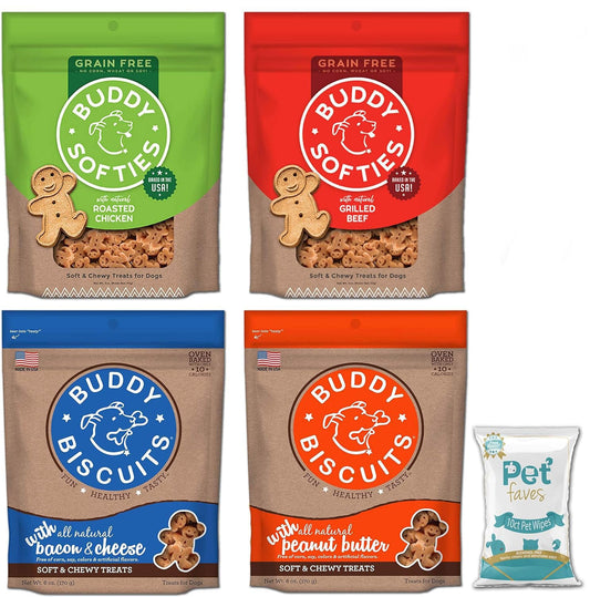 Pet Faves Buddy Biscuits Soft & Chewy Treats for Small & Large Dogs, Grilled Beef, Roasted Chicken, Bacon & Cheese Peanut Butter with 10ct Wipes (2 Grain Free 5oz, 2 Healthy Whole Grain 6oz)