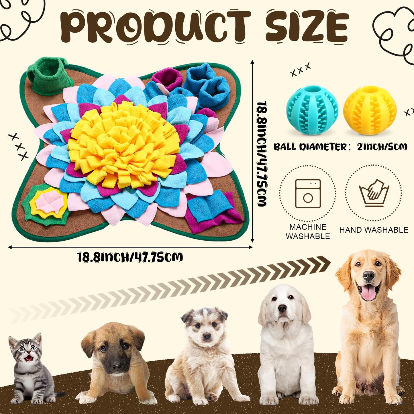 Arrowbash Snuffle Mat for Dogs Cats 18.8 x 18.8 Inch Interactive Sniff Feeding Mat with 2 Pack Toy Balls for Small & Medium Puppies, Encourages Natural Foraging Skills, Training and Stress Release