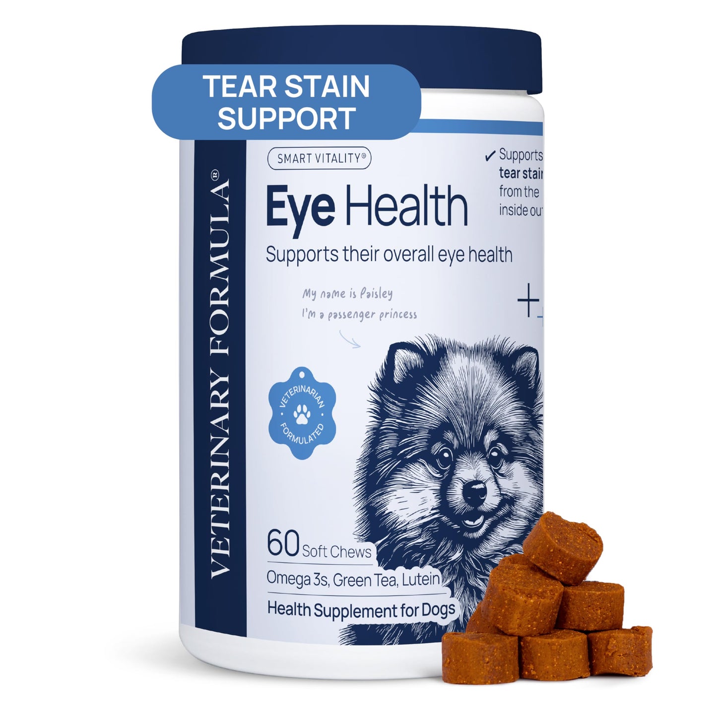 Veterinary Formula Eye Health Supplement for Dogs – Vet-Formulated Tear Stain Chews with Omega 3, Lutein & Cranberry – Smart Vitality Supports Eye Moisture, Stain Reduction & Immunity, 60 Soft Chews