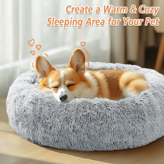 JOLLYVOGUE Calming Dog & Cat Bed for Small Dogs, Anti-Anxiety Donut Cuddler Cozy Soft Round Bed with Anti-Slip Bottom, Fluffy Faux Fur Plush Cushion Beds for Small Medium Dogs, 23"/Smoke Gray