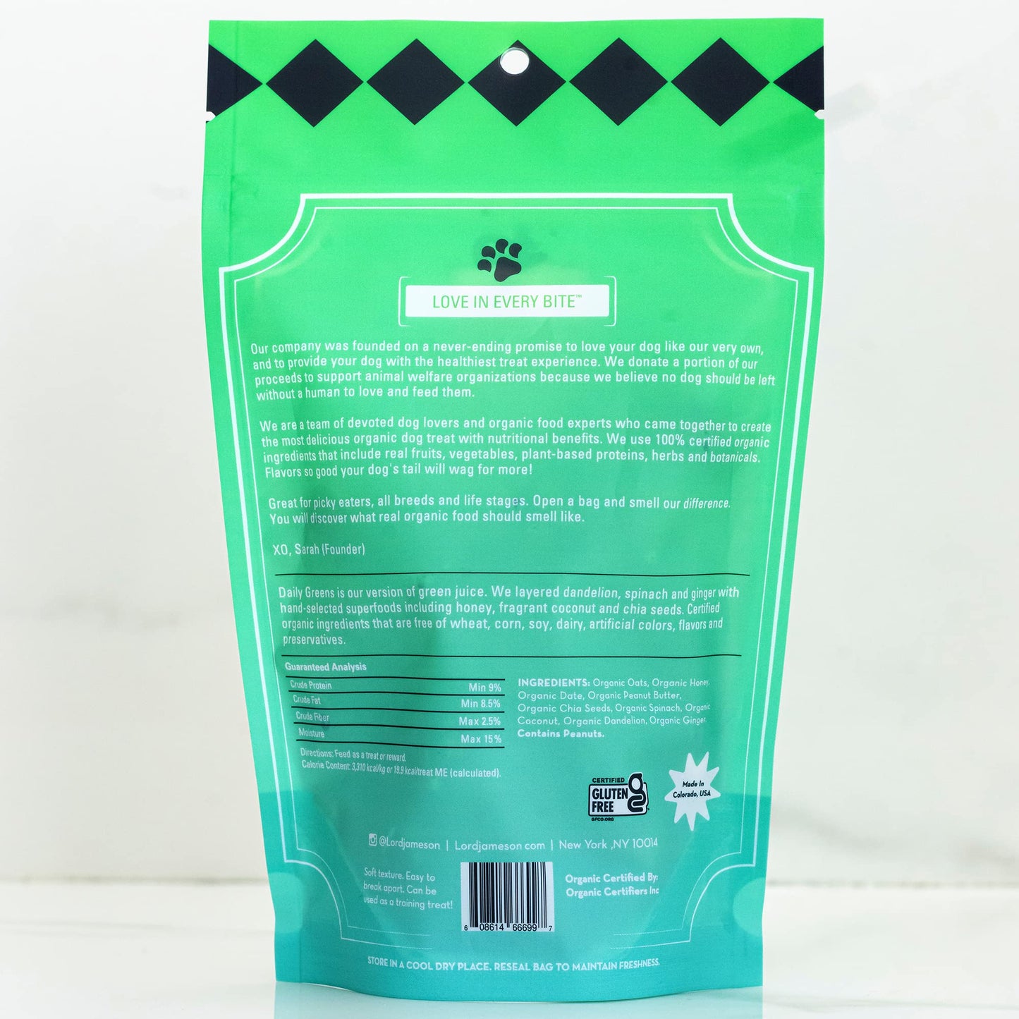 Lord Jameson Daily Greens Soft & Chewy Organic Dog Treats - Digestion Supporting Spinach, Dandelion, & Ginger - No-Bake, Gluten-Free, Preservative-Free, USDA Certified Organic - Made In USA 6 oz