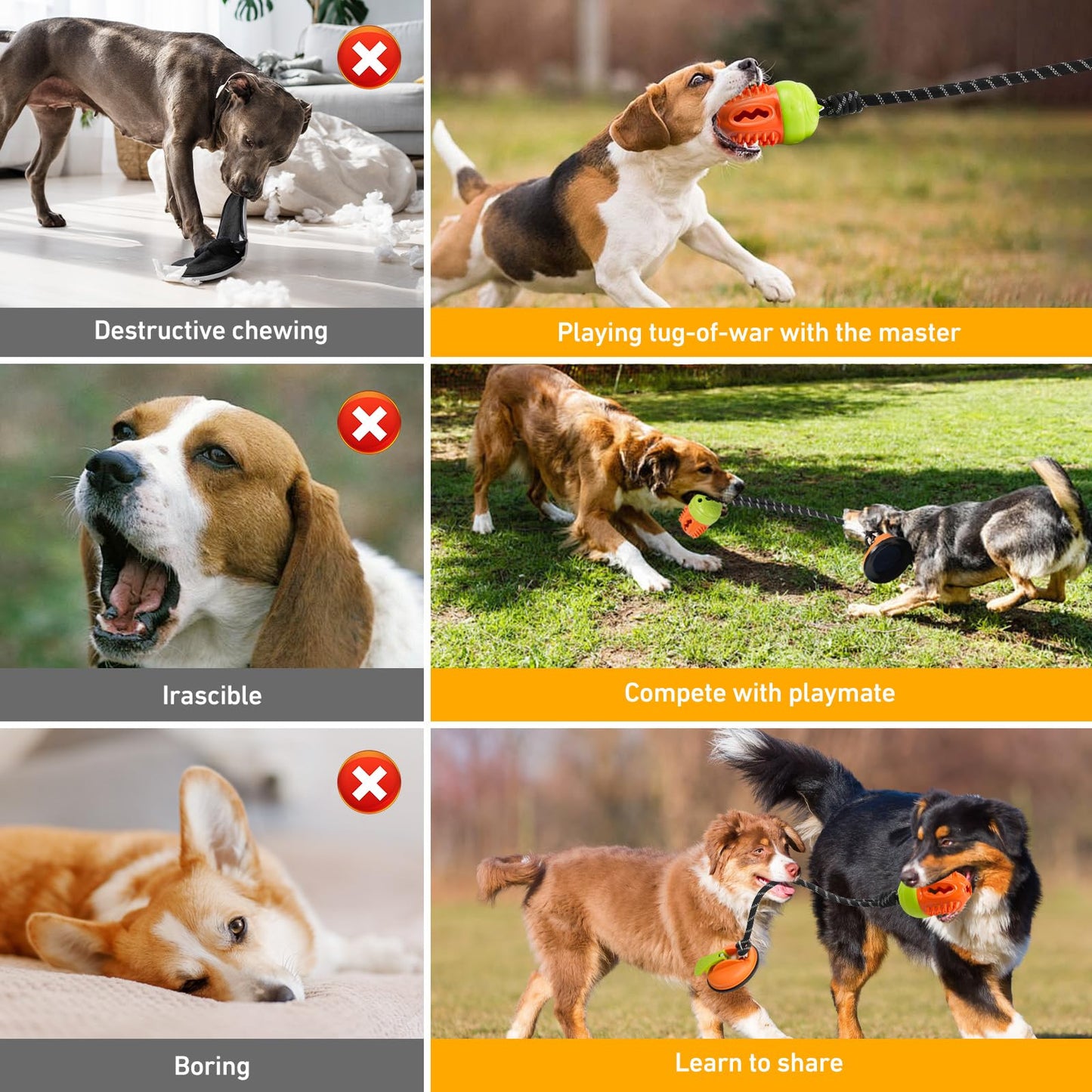 Interactive Dog Toys Tug of War, Stimulating Chew Toy Suction Cup Tug of War Enrichment Rope Boredom Busy Self Play Food Teething, Indestructible Puzzle Toys & Treat Dispensing Ball for Dog Enrichment