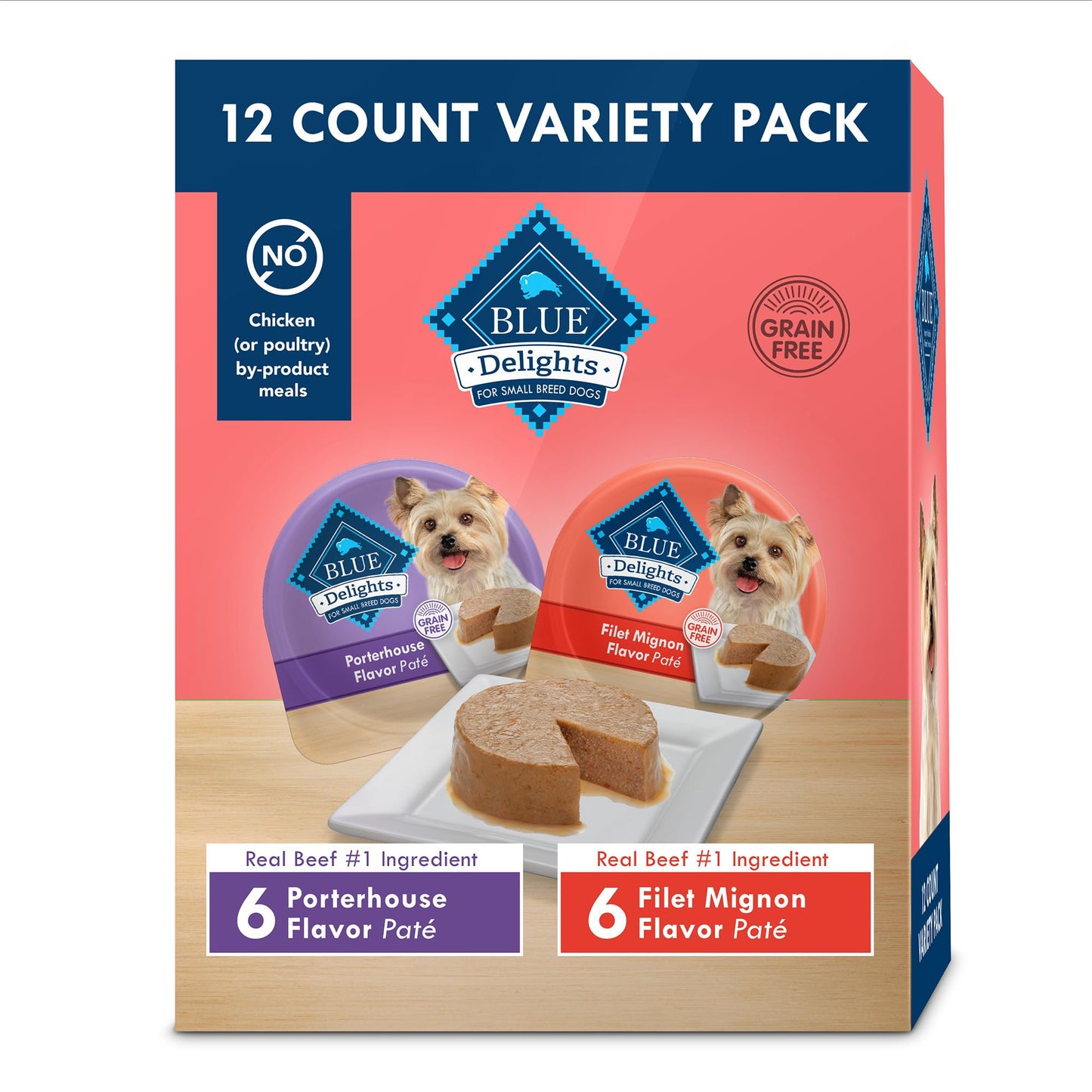 Blue Buffalo Delights Natural Adult Small Breed Wet Dog Food Variety Pack, Made with Natural Ingredients, Filet Mignon Flavor Paté & Porterhouse Flavor Paté, 3.5-oz. Cups (12 Count, 6 of Each)