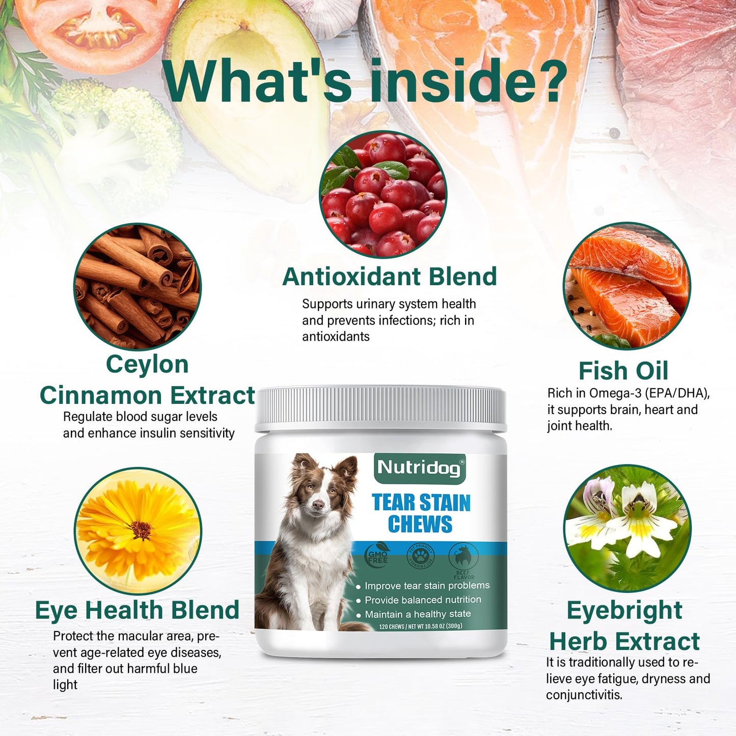 Nutridog Tear Stain Chews for Dogs - Dog Tear Stain Remover & Supplement with Antioxidant Blend, Vitamin C, Lutein - 120ct Beef Flavor Soft Chews for Eye Health & White Fur Care (ND-038)