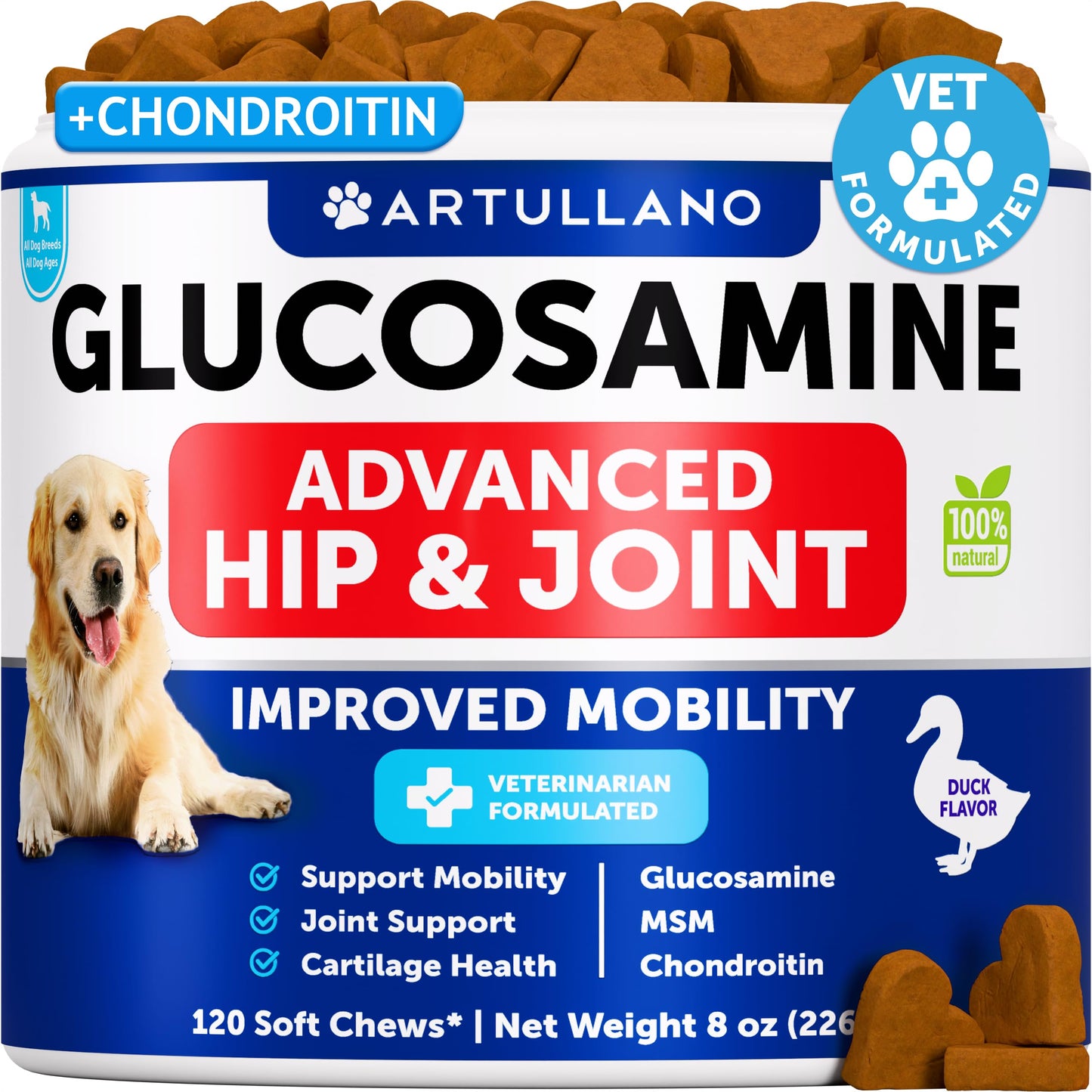 Glucosamine for Dogs - Hip and Joint Supplement for Dogs with Arthritis - Chews with Chondroitin, Hemp Oil, MSM - Canine Joint Pain Relief Health - Mobility Support for Large Breeds - 120 Soft Treats
