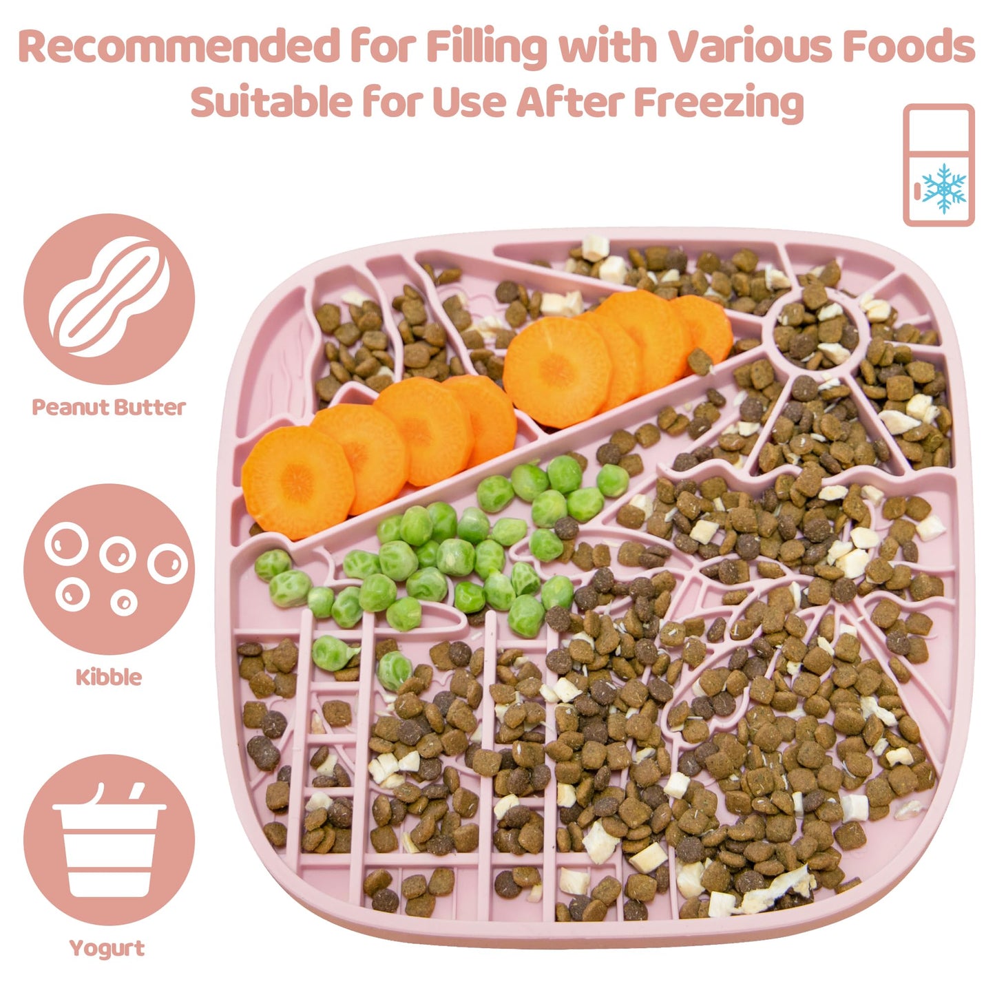Puzzle Feeder Snuffle Mat and Lick Mat for Dogs, California Textured Slow Feeder, 0.75 Inch Thin Silicone Mat Holds 3 Cups, Dishwasher and Microwave Safe, Pink