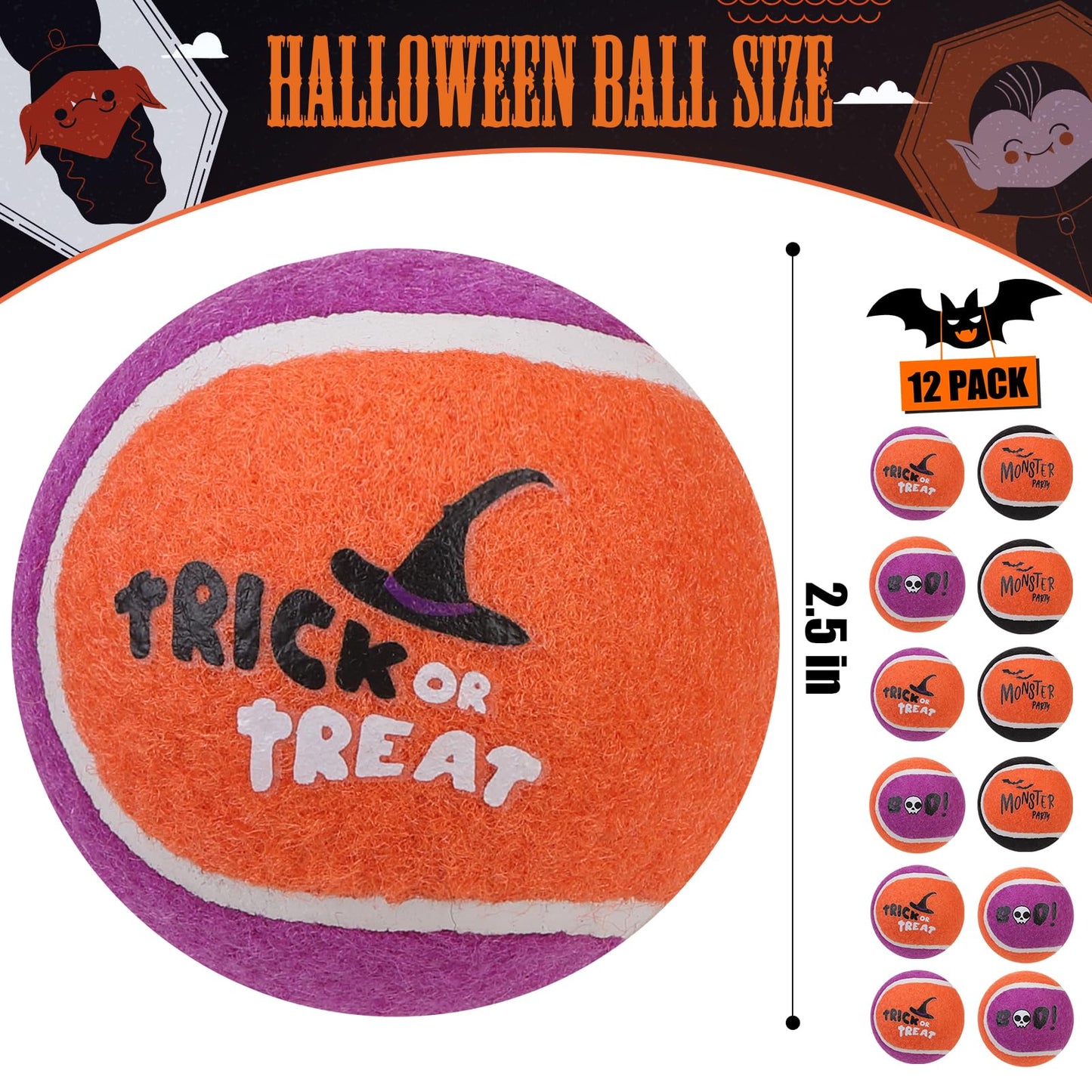 EXPAWLORER Squeaky Tennis Balls for Dogs - 12 Pcs Halloween Interactive Teething Chew Toys, Enrichment Dog Toys to Keep Them Busy, Fetch Training Balls for Large Medium Small Dogs