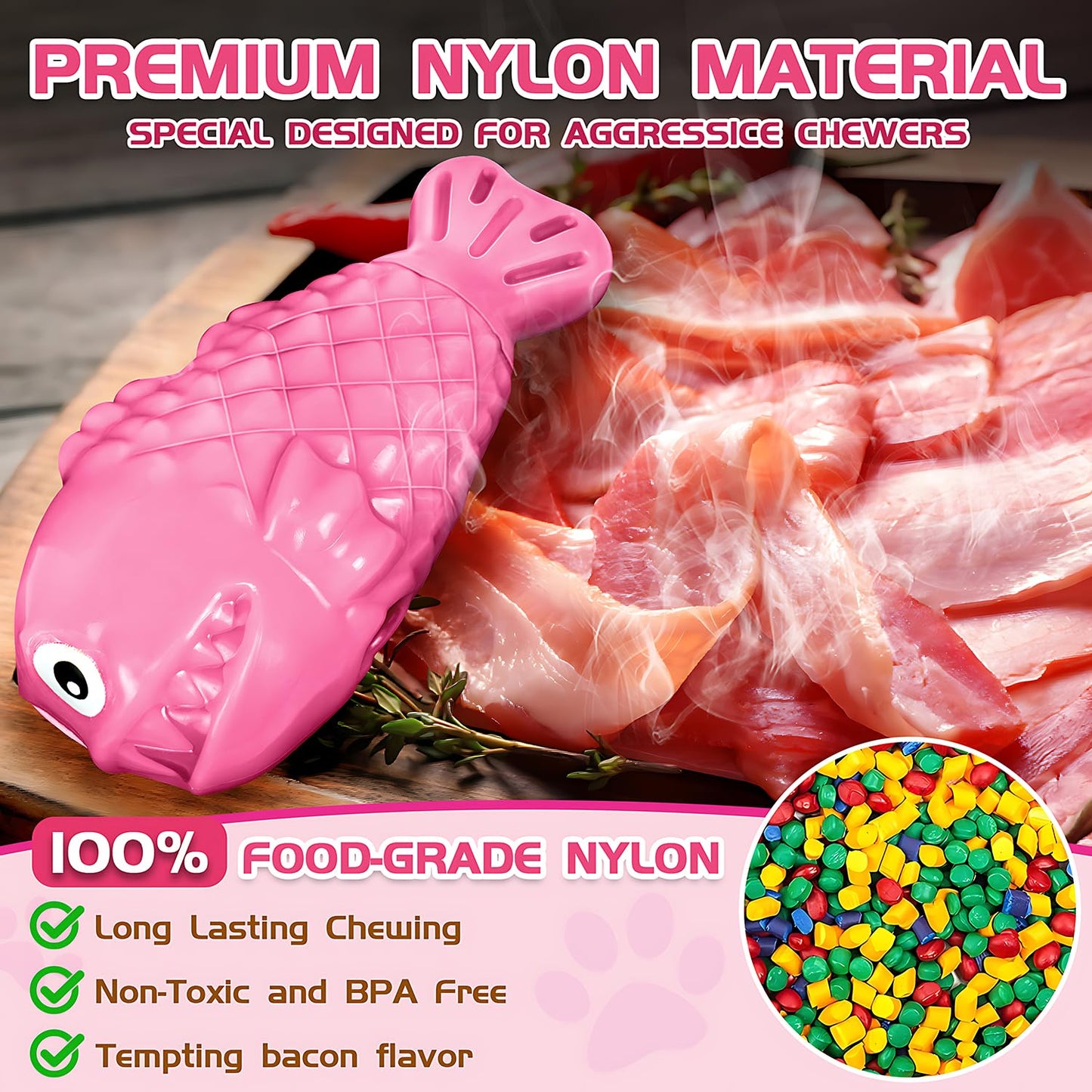 TonyEst Durable Dog Toys to Keep Them Busy - Tough Treat Dispensing Chew Toy with Bacon Flavor & Squeaker for Aggressive Chewers, Interactive Mental Stimulation for Large Breeds (Pink)