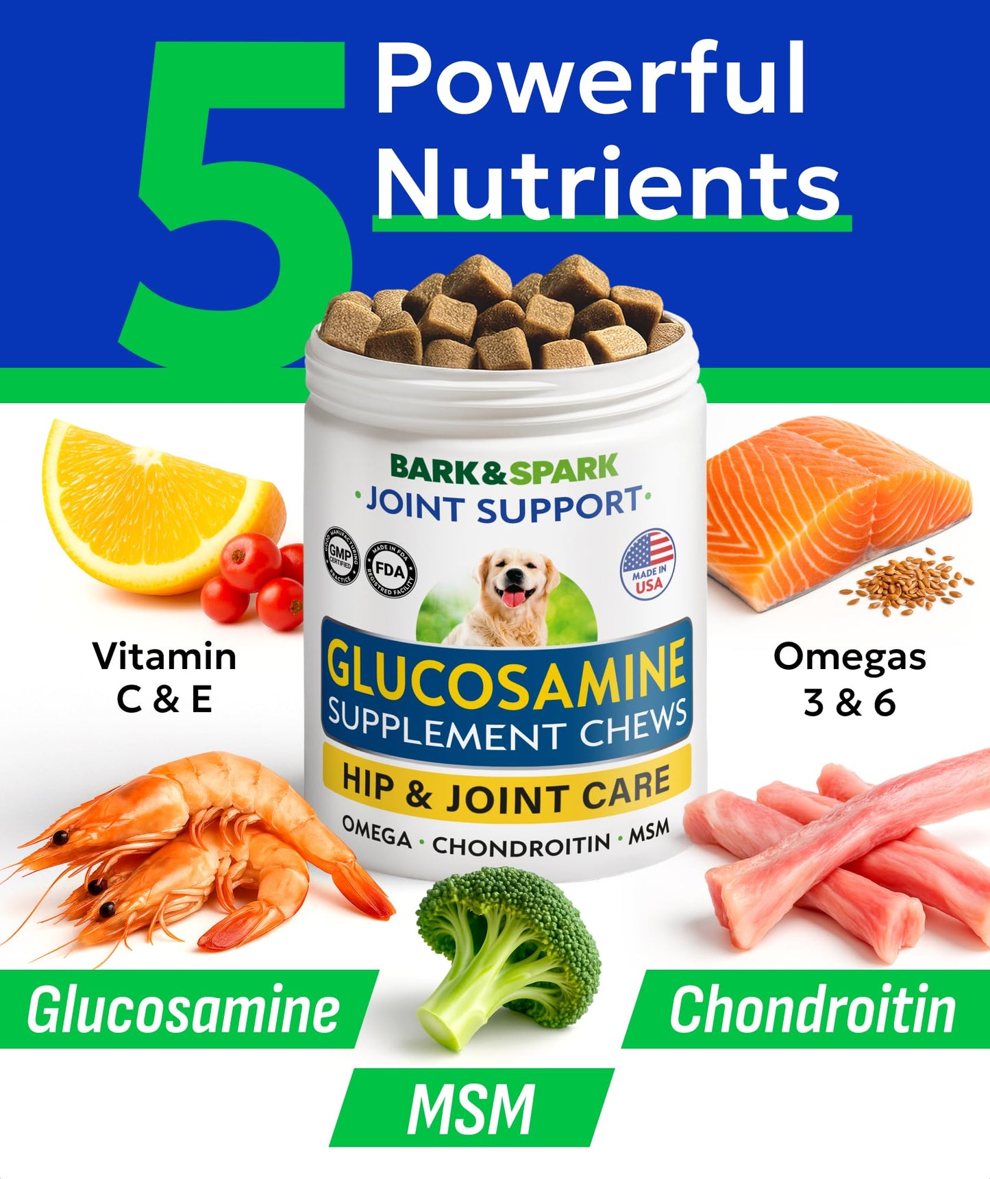 Bark&Spark Glucosamine Chondroitin Dog Hip & Joint Supplement - Joint Pain Relief - Hip & Joint Chews - Joint Support Large Small Breed - Senior Doggie Vitamin Pill Joint Health (120 Treats - Chicken)