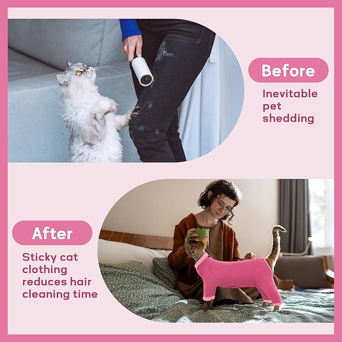 PUMYPOREITY Cat Hair Sticky Sweater, Recovery Suit - Breathable & Lightweight for Post-Surgery Protection, Cat Onsie Prevents Licking Wounds, Pink, XL