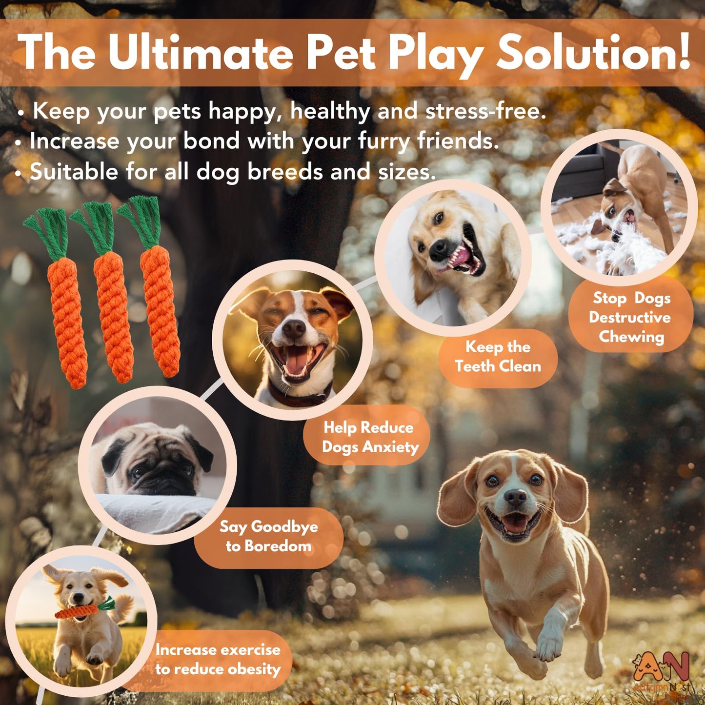 AutumnNest Dog Calming Diffuser Kit with 2 Plug-Ins & 4 Refills (48ml Each) + 3PCS Orange Woven Pet Chew Toys – Pheromone Stress Relief & Puppy Teething Bundle