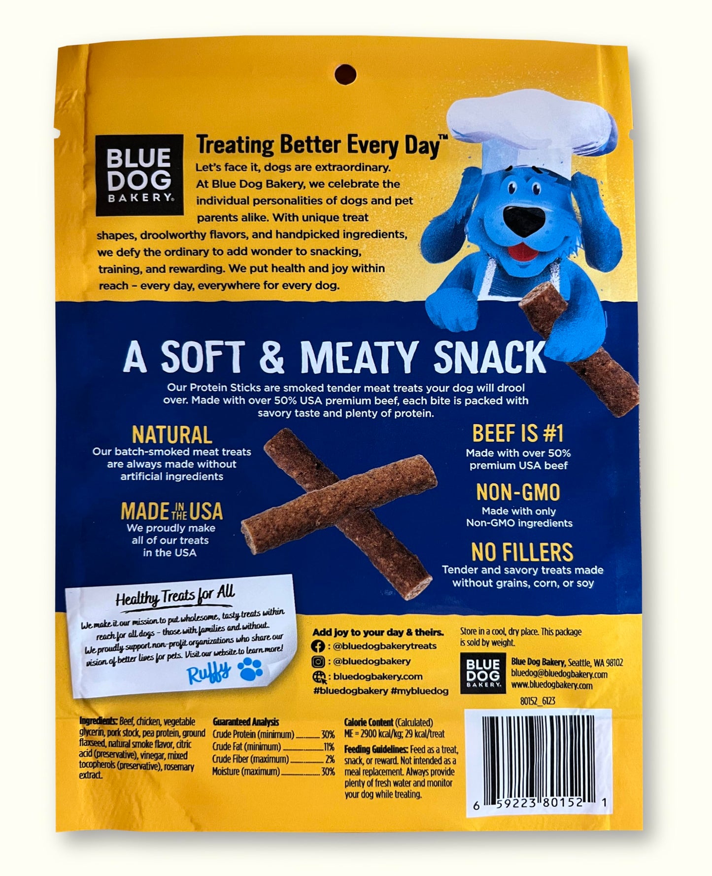 Blue Dog Bakery Protein Jerky Sticks | Medium, Soft Beef Flavor Chew Sticks | Natural Healthy Dog Treats, 6 oz (Pack of 8)