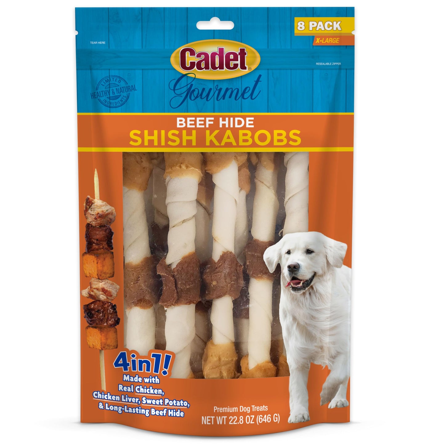 Cadet Gourmet Shish Kabob Dog Chews for Large Dogs, Rawhide Treats with Chicken and Sweet Potato, Healthy & Natural Beef Hide, 10-Inch Sticks, 8 Count