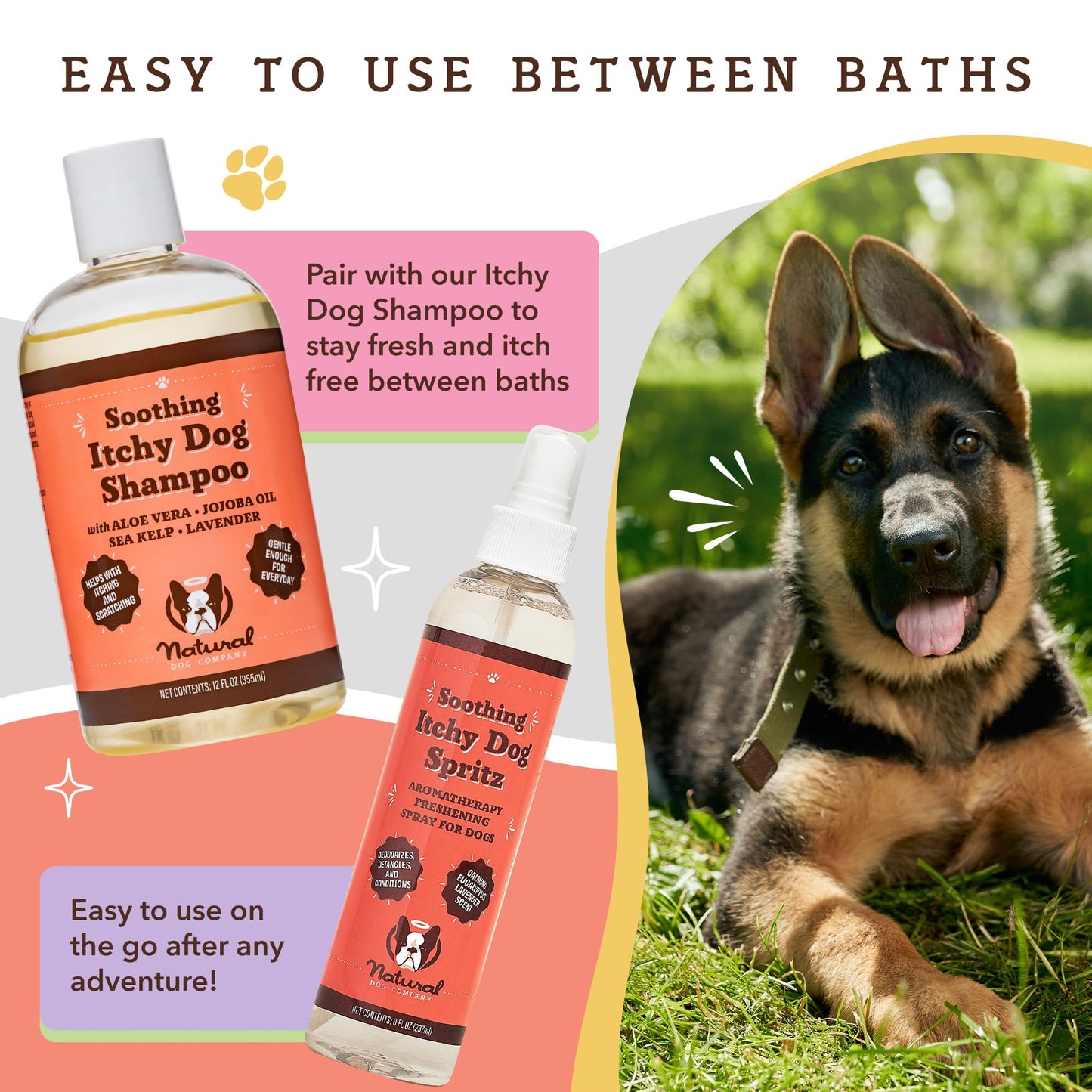 Natural Dog Company Soothing Itchy Shampoo and Spray Deodorizer Perfume, Includes (1) Soothing Shampoo 12 Oz, (1) deodorizing Spray 8 Oz