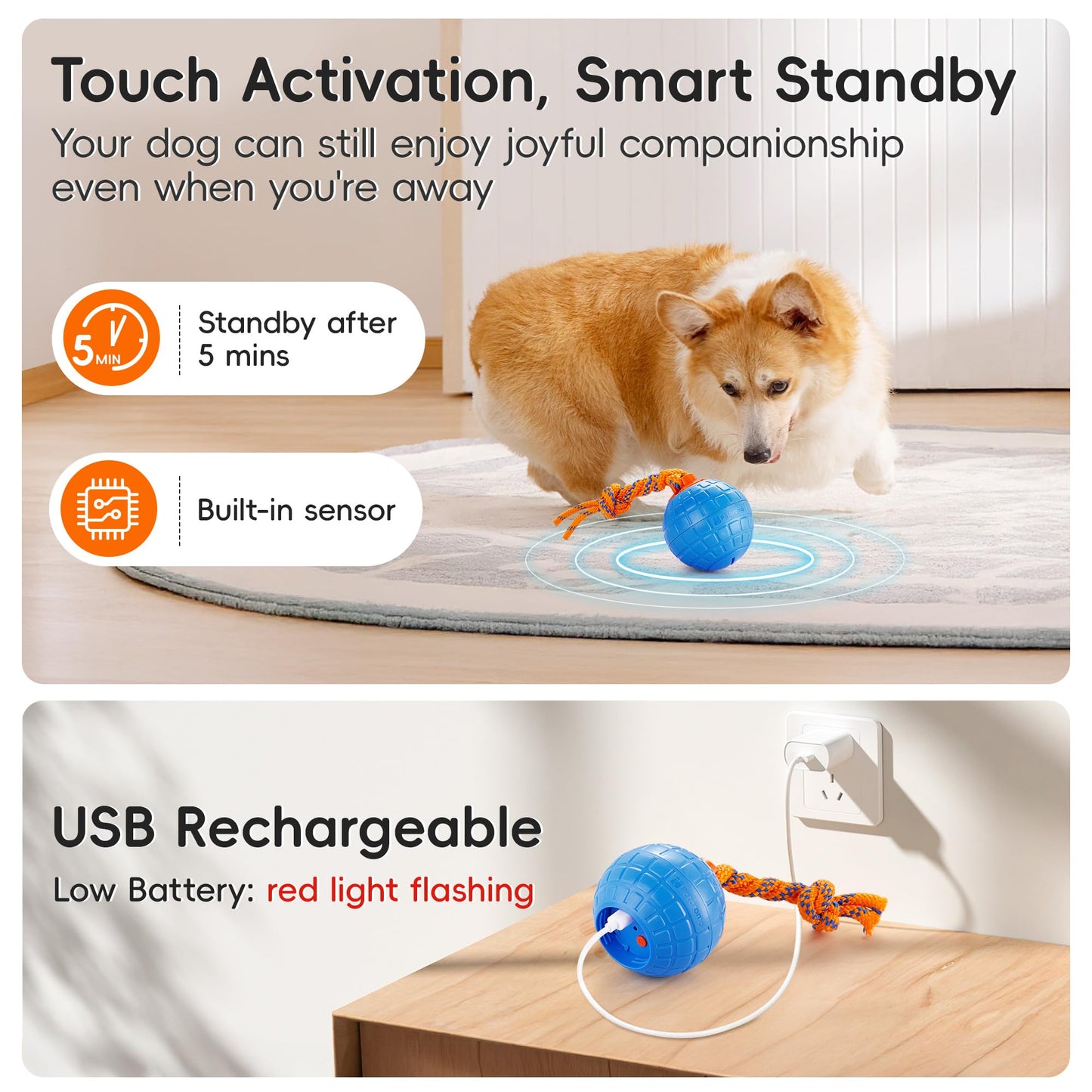 Potaroma Interactive Dog Ball Toys Touch Activated, Rechargeable Animal Sound Dog Toy, Durable Moving Ball for Pup with Chewing Rope for Dogs Puppy, Blue