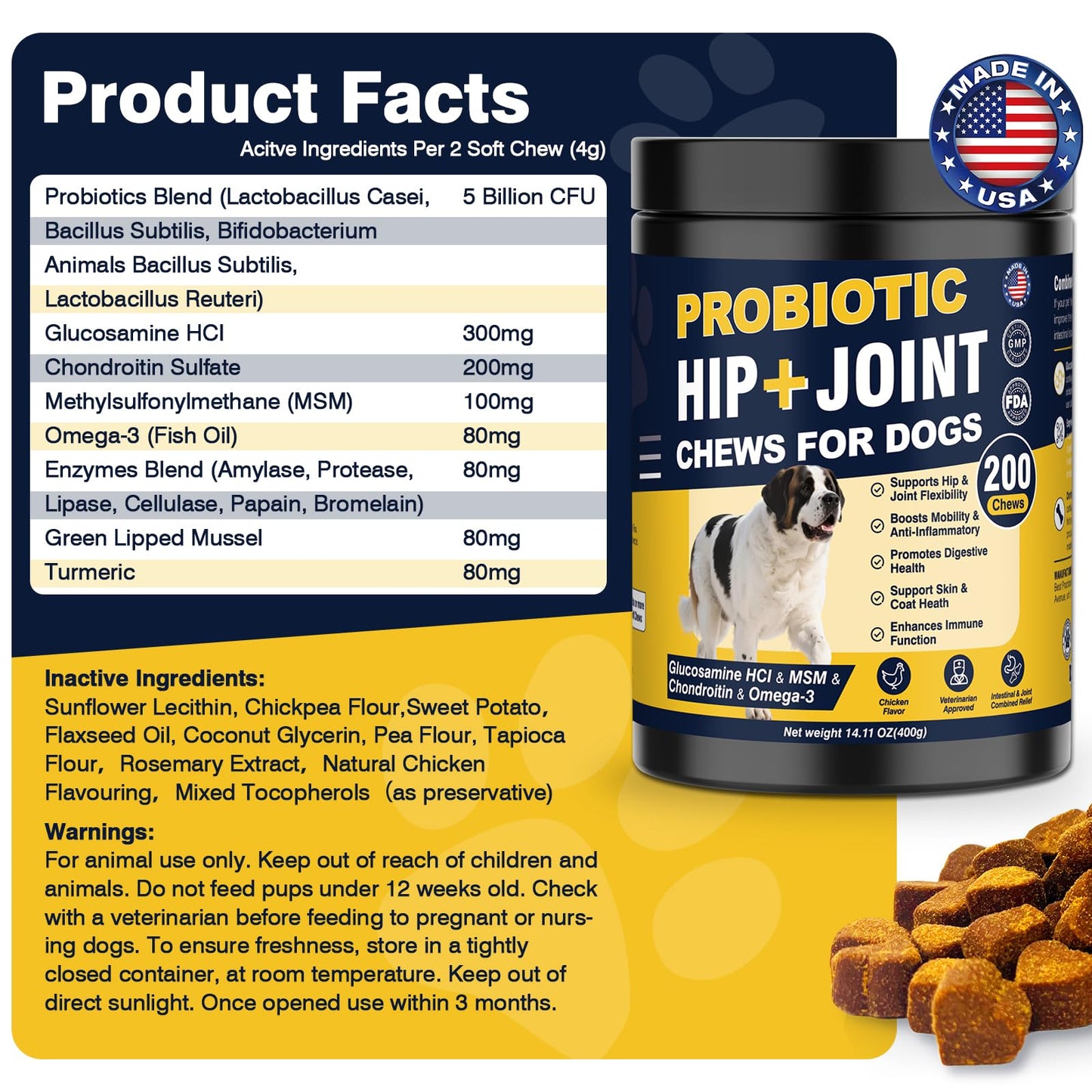 Hip and Joint Supplement for Dogs Dog Probiotics Glucosamine Chondroitin MSM Chew for Dog Arthritis Pain Relief Extend Joint Care, Probiotic for Digestive/Gut Health for Large/Small/Senior Breed Dogs