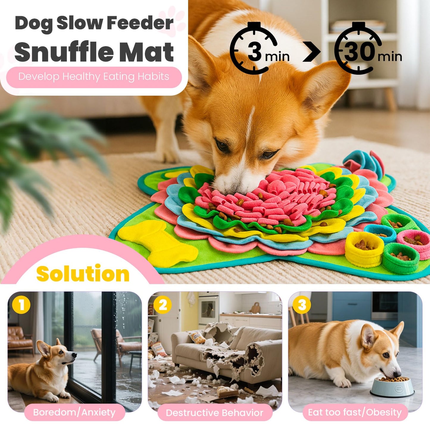 PETCARE Snuffle Mat for Dogs Interactive Enrichment Puzzle Toys for Small Medium Breed Dogs Cats Rabbits Cognitive Puppy Sniff Foraging Mats Mental Stimulation Treat Game Slow Feeder Mats, 19*19 inch