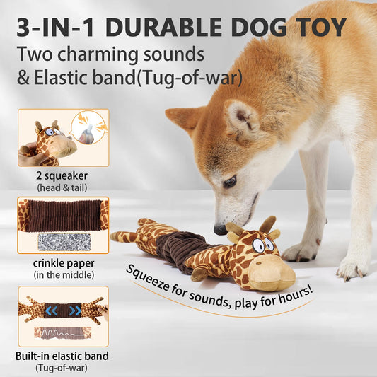 MEWMINGLE 3-in-1 Squeaky Dog Toy for Chewer (Squeaker, Crinkle Paper & Elastic Band), Durable Interactive Puppy Plush Stuffed Chew Toy for Boredom, Tug of-War, for Small Medium Large Breed (Giraffe)