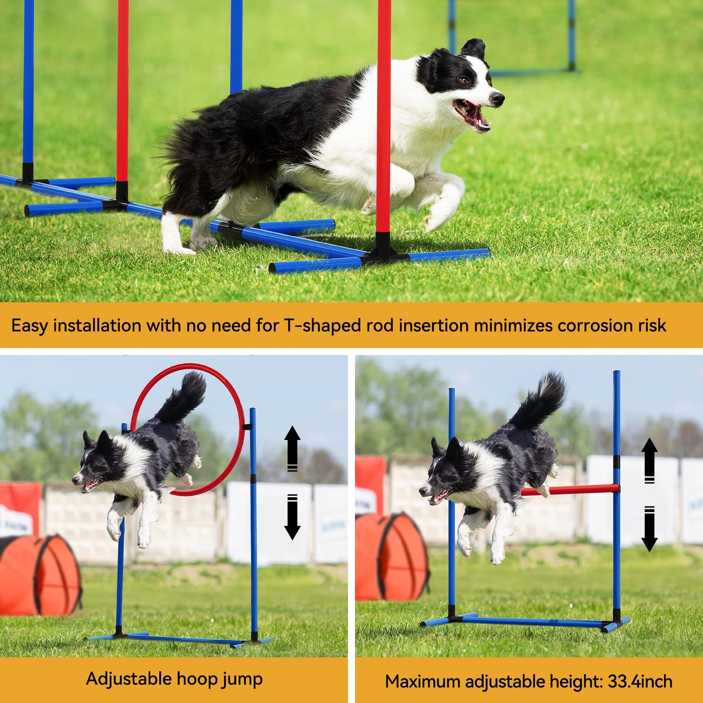YITAHOME Dog Agility Equipments: Includes Flirt Pole, 3 Flying Discs, 2 Agility Tunnel, 3 Jumps, 6 Weave Poles, Pause Box, Agility Course Set for Backyard, Indoor, Outdoor