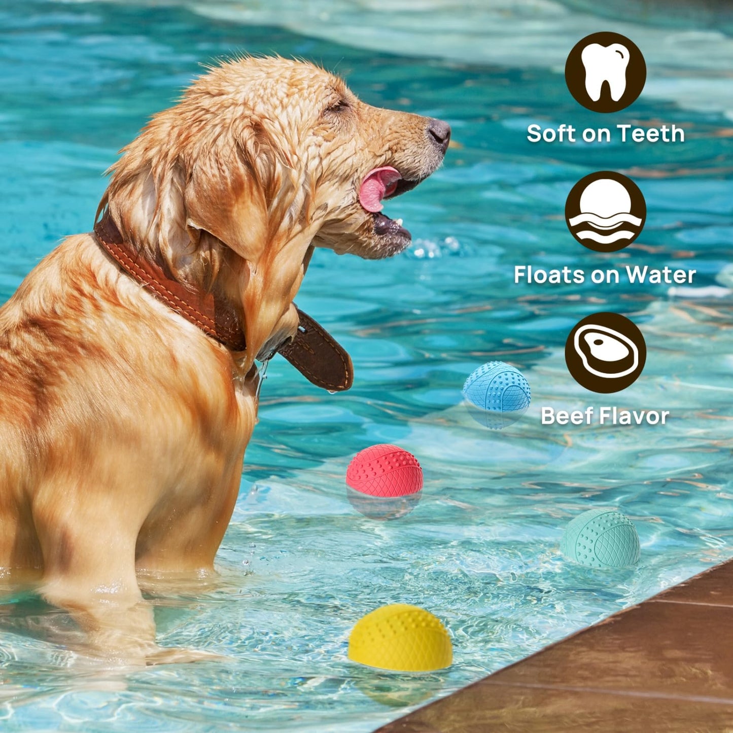 iPettie Summer Floating Dog Ball, Squeaky Water Fetch Toy, Waterproof Rubber Chew Ball, BPA Free, Colorful, 4 Sets, 2.5"