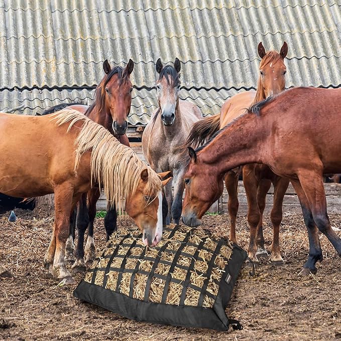 Hay Bag for Horses,Slow Feeder Hay Bag for Gound Feeding,Heavy Duty Oxford Hay Feed Bag for Horses Goats Cows Donkeys with Large Opening and Adjustable Strap for Easy Filling and Hanging