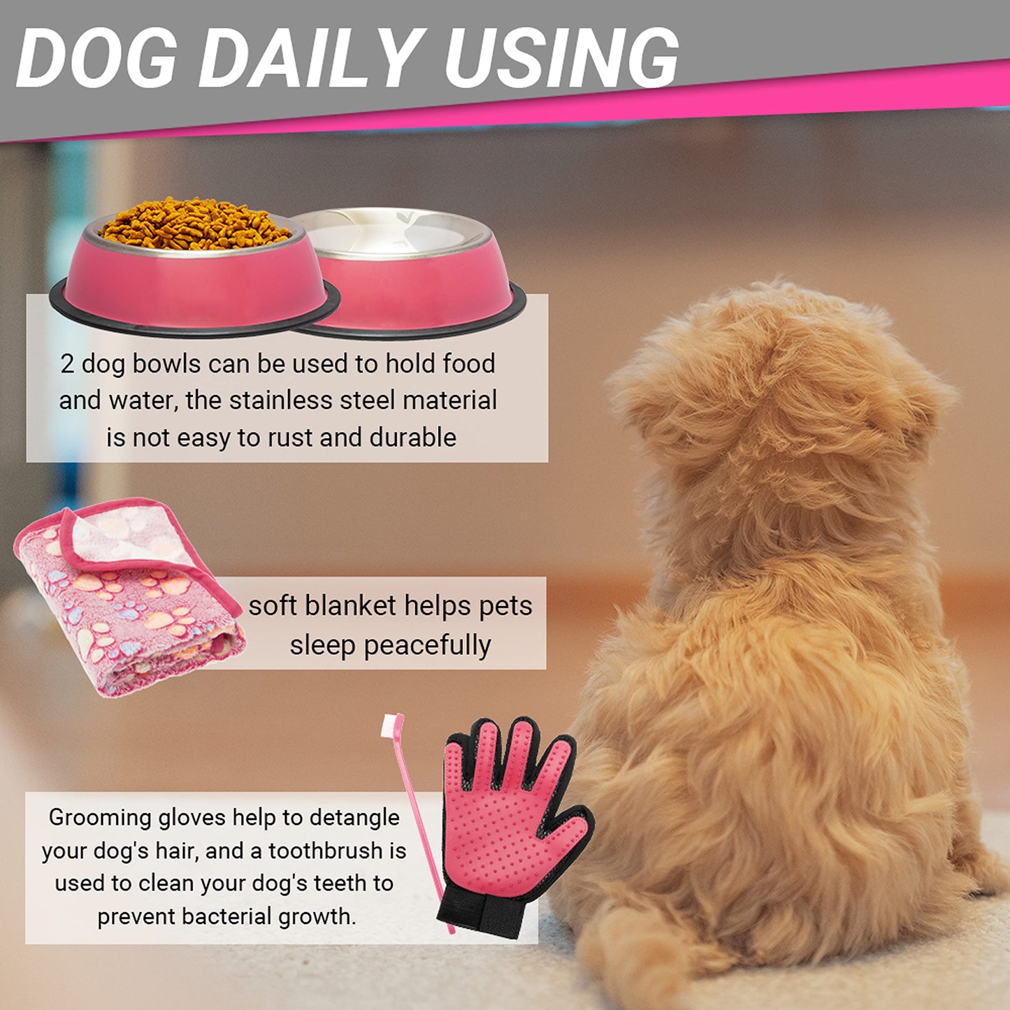 FLYSTAR Puppy Starter Kit for Small Dogs, 26 pcs Dog Supplies, Dog Toys, Collar & Leash, Training Clicker, Treat Bag, Poop Waste Bag with Dispenser, Blanket, Grooming Glove, Bowls, Toothbrush, etc